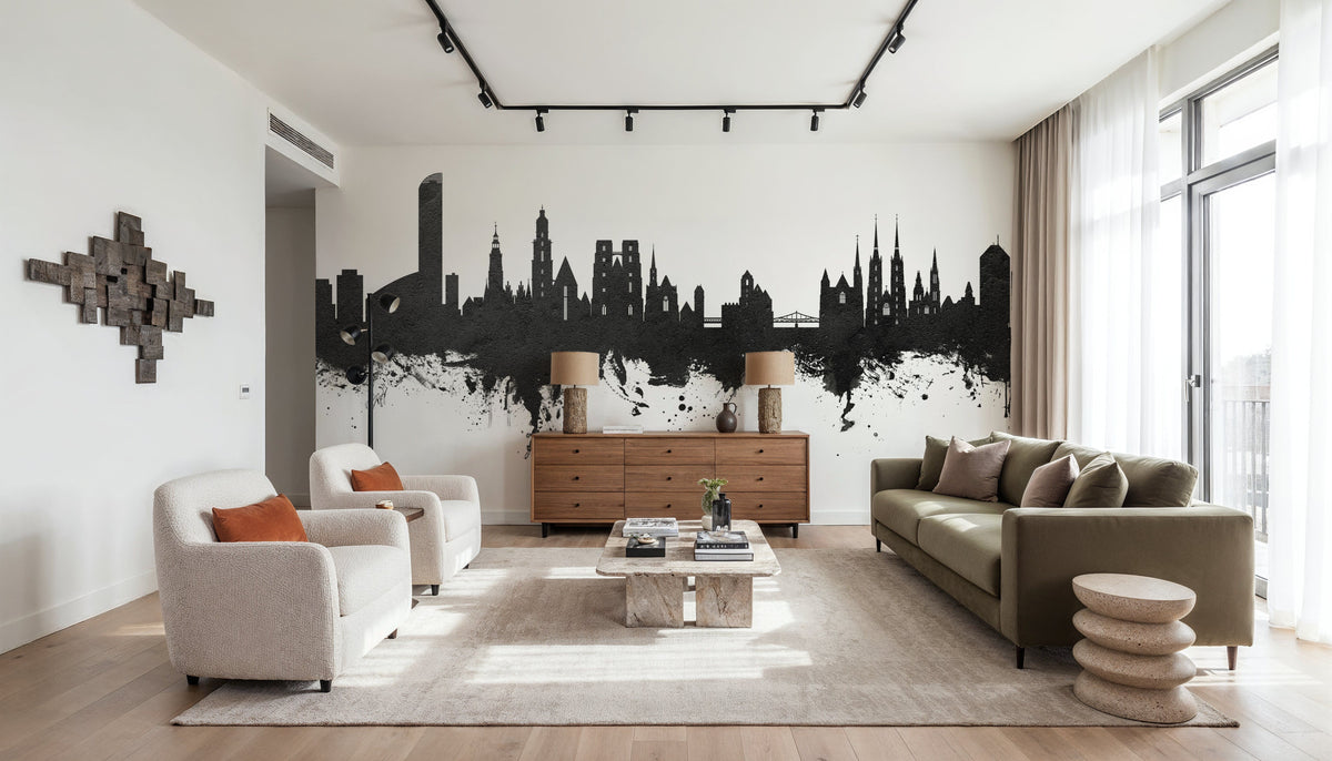 Wroclaw Poland Skyline Black & White Mural Wallpaper - room preview 06