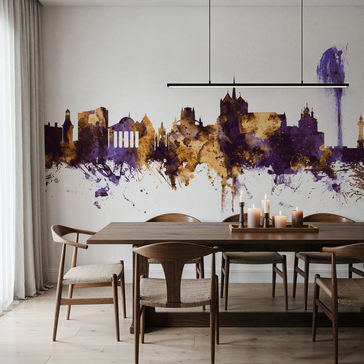 Geneva Switzerland Skyline Purple & Gold Mural Wallpaper - room preview 06