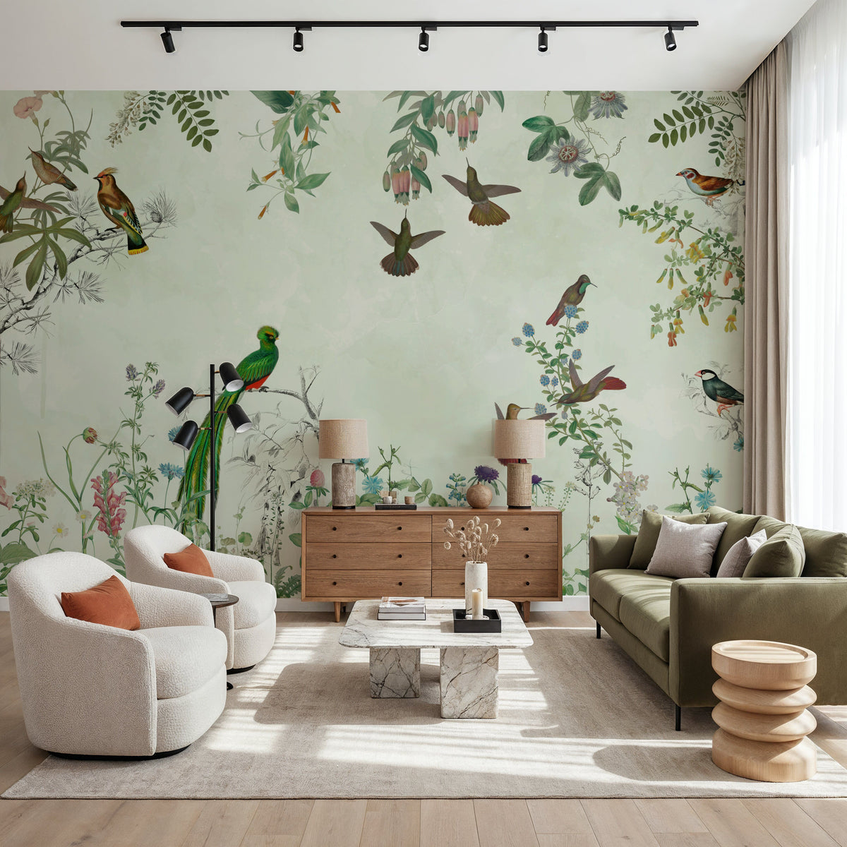 Fields of Birds and Flowers Mural Wallpaper - Neutral Tone - room preview 06