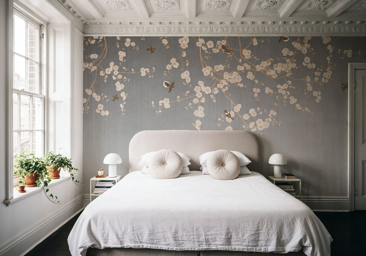 Beneath the Cherry Tree Gray Mural Wallpaper - room preview 06