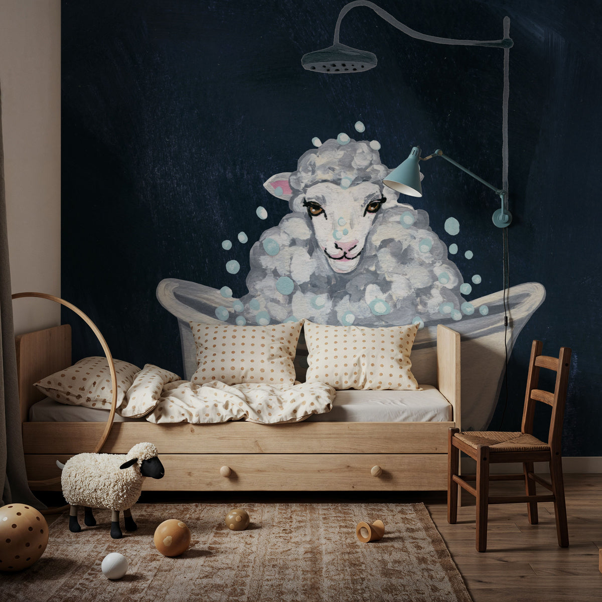 Sheep in Tub and Suds Texture Dark Mural Wallpaper - room preview 06