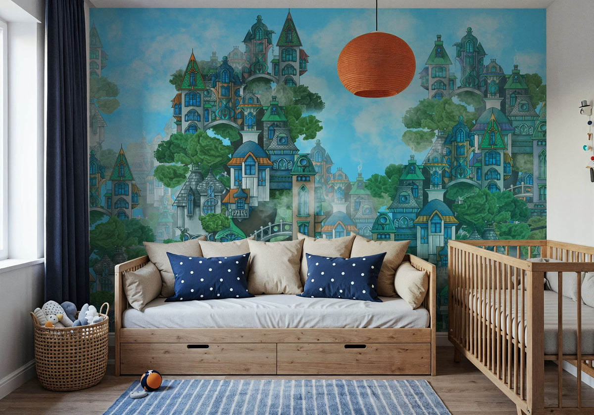 Treehouse Neighborhood Cool Bright Mural Wallpaper - room preview 06