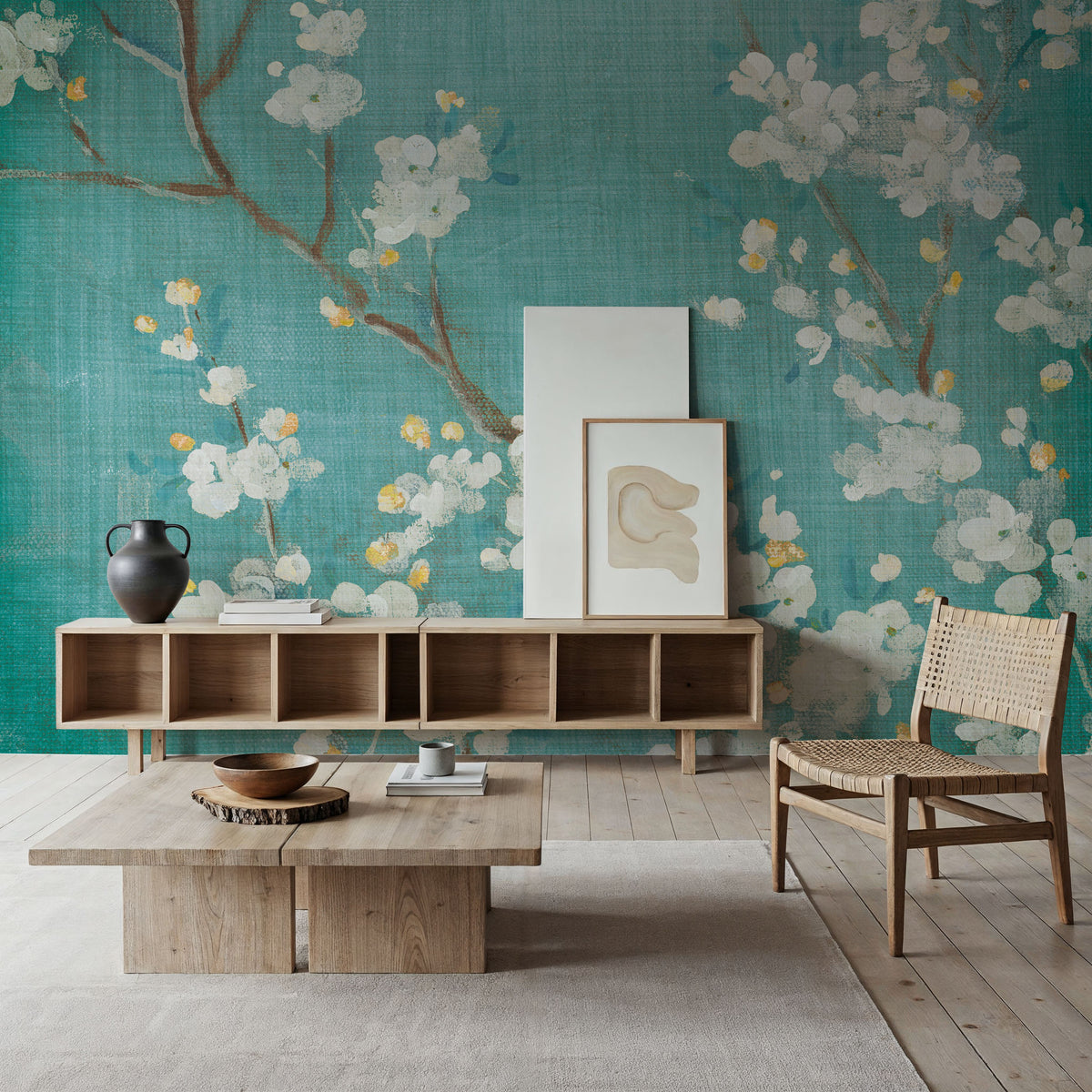 White Cherry Blossoms II on Blue Aged No Bird Mural Wallpaper - room preview 06