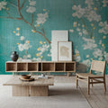White Cherry Blossoms II on Blue Aged No Bird Mural Wallpaper - room preview 06