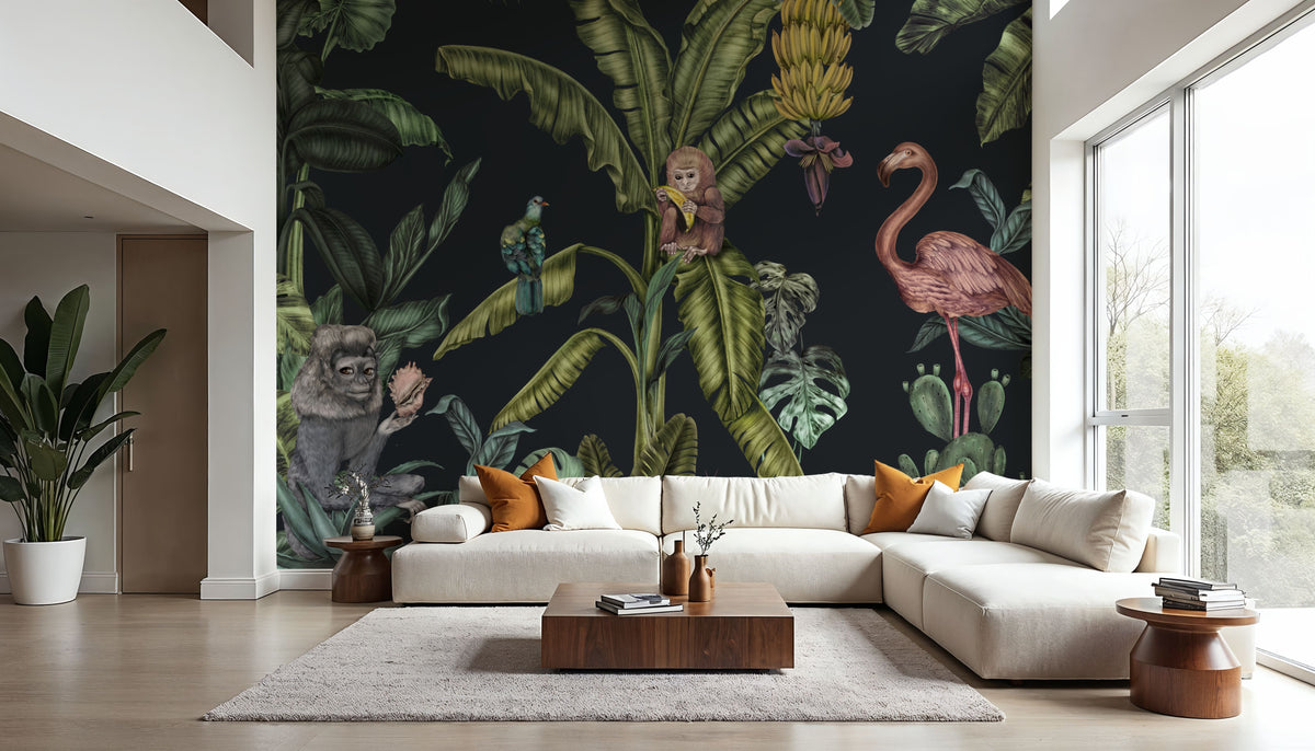 Monkeys with Birds, Dark Mural Wallpaper - room preview 06