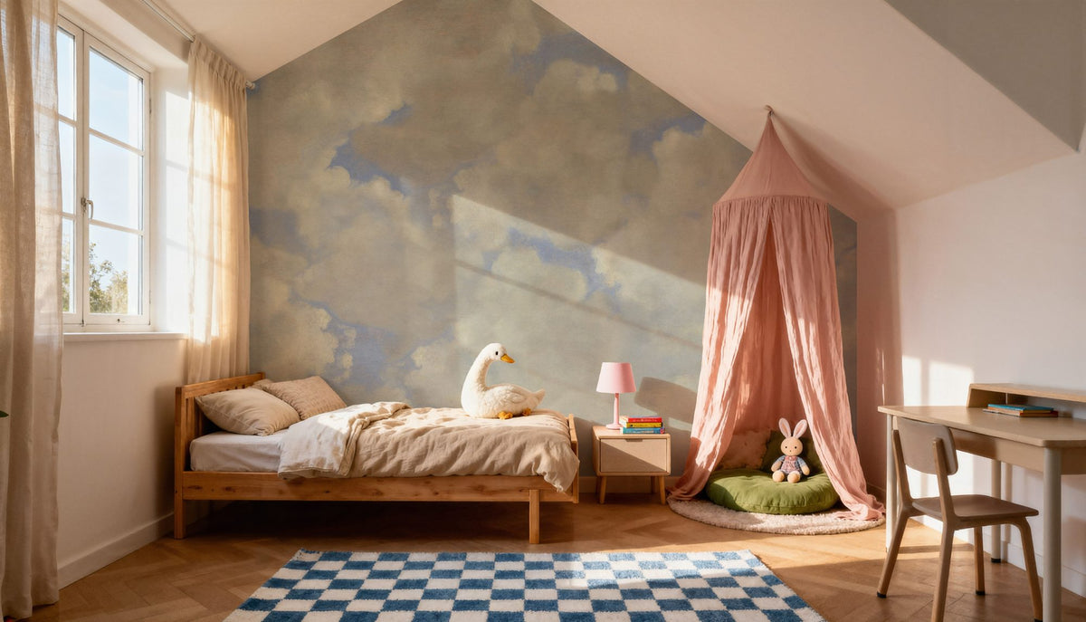 Painted Dreamy Clouds, Bright Mural Wallpaper - room preview 06