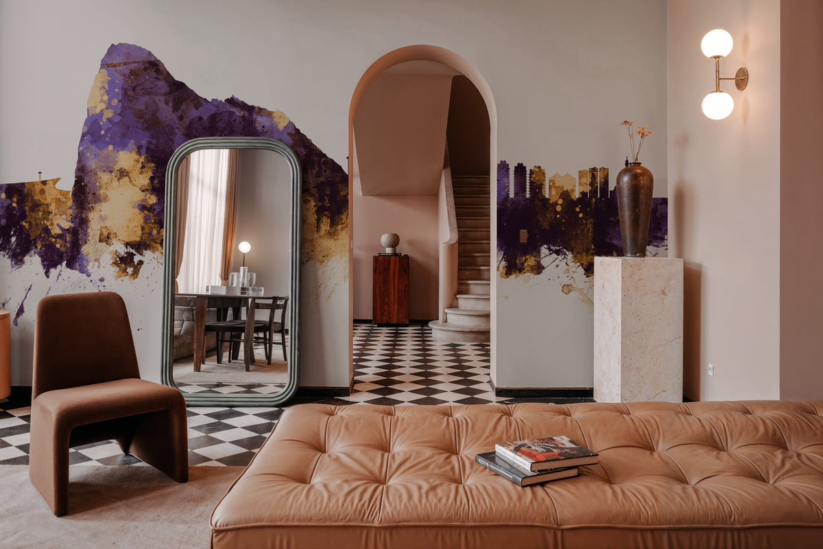 Gibraltar Skyline Purple & Gold Mural Wallpaper - room preview 06