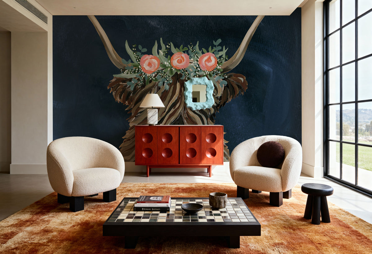 Longhorn with Rose Crown Dark Mural Wallpaper - room preview 06