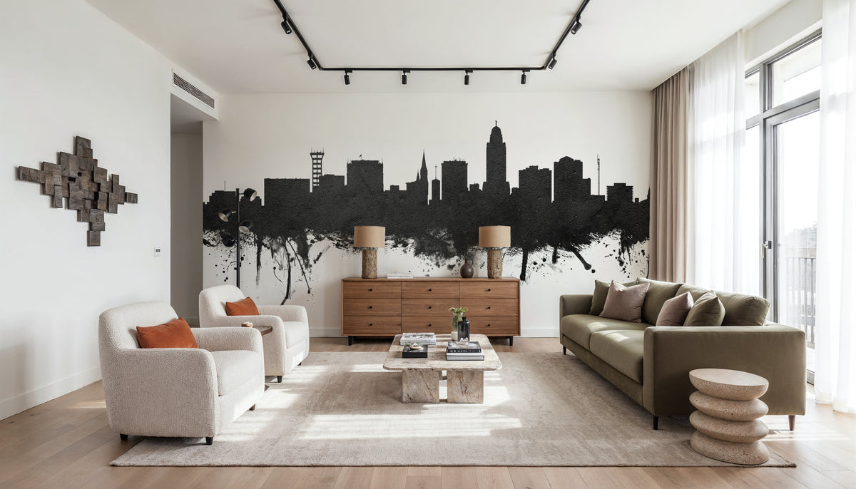 Lincoln Nebraska Skyline Black & White Mural Wallpaper - room preview 06