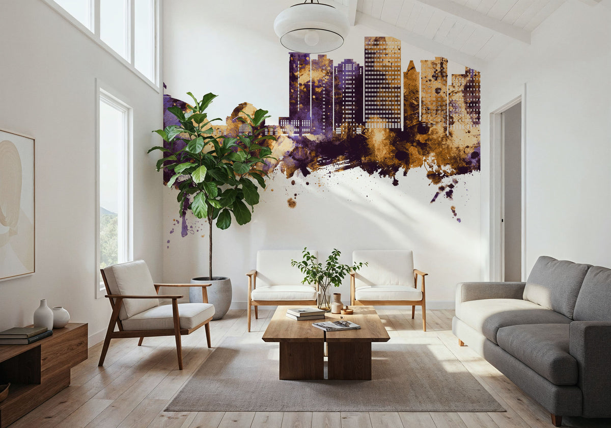 Tacoma Washington Skyline Purple & Gold Mural Wallpaper - room preview 06