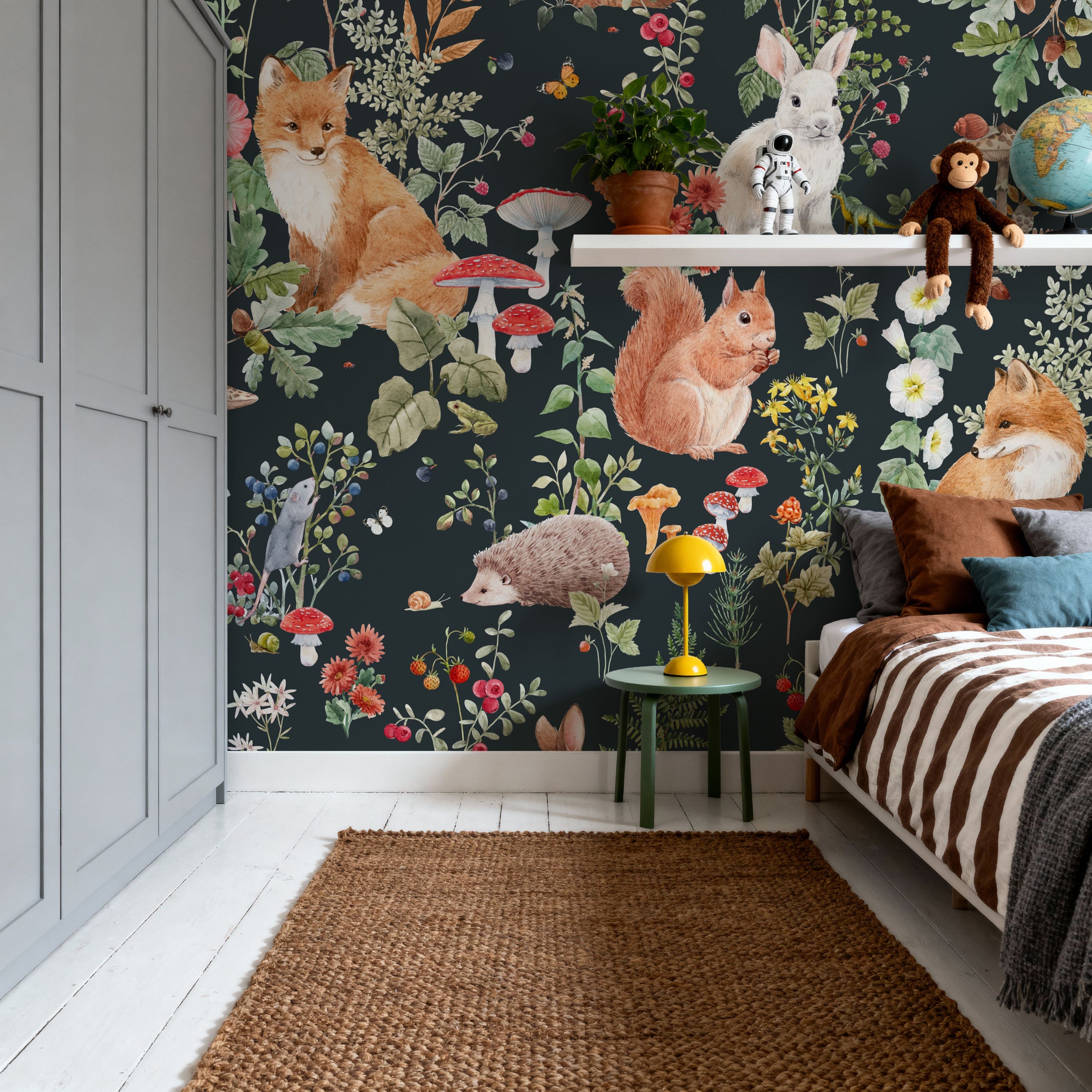 Baby Animals Nordic Fauna, Dark Blue Mural Wallpaper