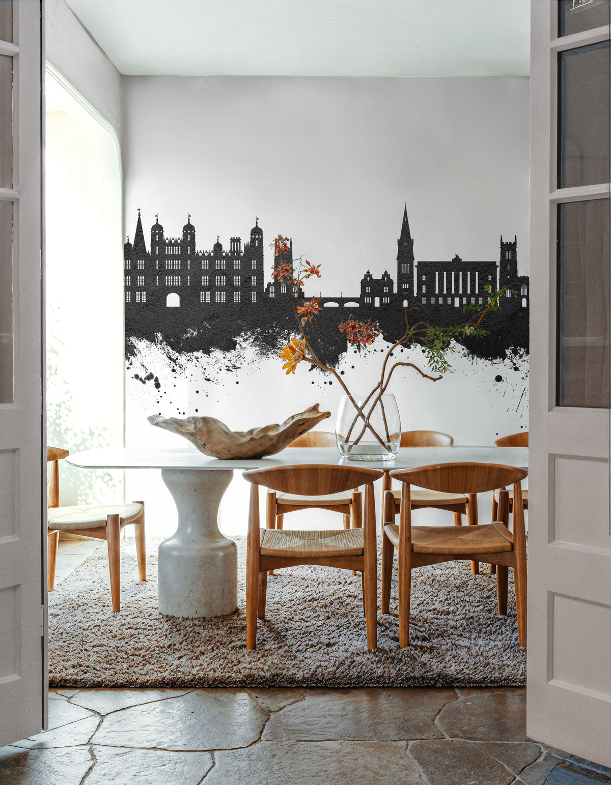 Stamford England Skyline Black & White Mural Wallpaper - room preview 06