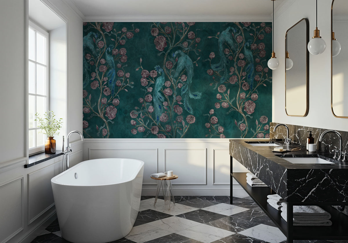 Peacock and Peony Chinoiserie Teal Mural Wallpaper - room preview 06