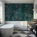 Peacock and Peony Chinoiserie Teal Mural Wallpaper - room preview 06