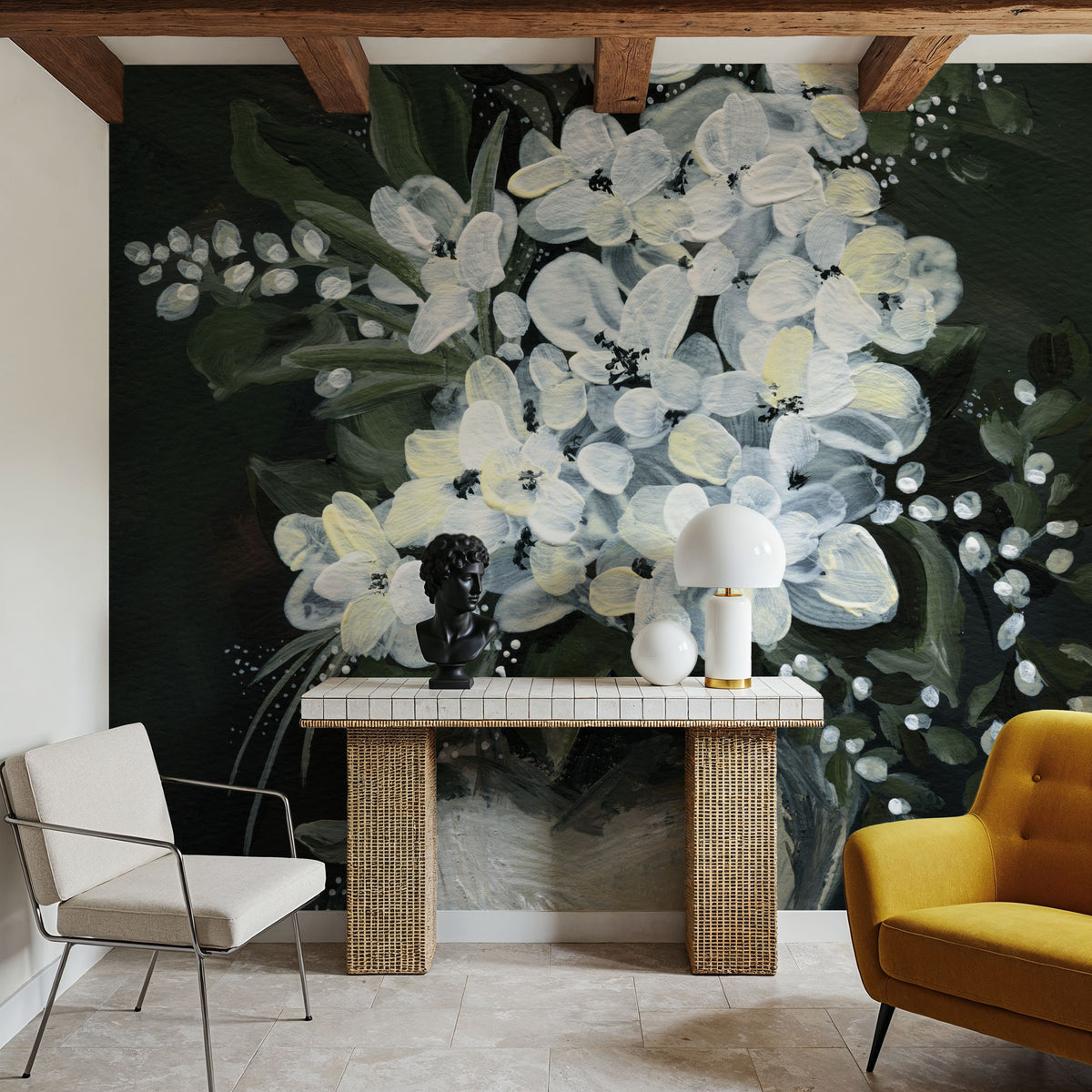White Flowers in Vase Mural Wallpaper - room preview 06