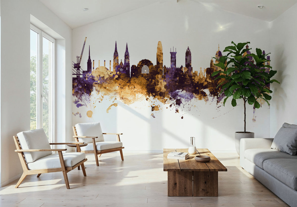 Helsinki Skyline Purple & Gold Mural Wallpaper - room preview 06