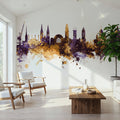 Helsinki Skyline Purple & Gold Mural Wallpaper - room preview 06