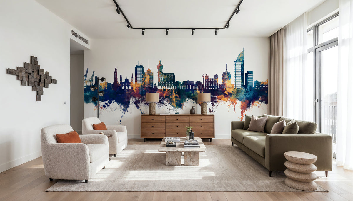 Montevideo Uruguay Skyline Blue & Bronze Mural Wallpaper - room preview 06