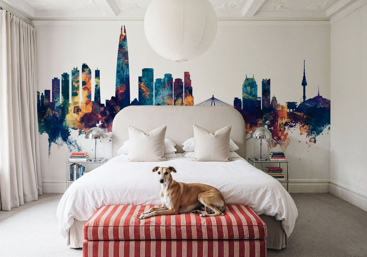 Seoul Skyline Blue & Bronze Mural Wallpaper - room preview 06