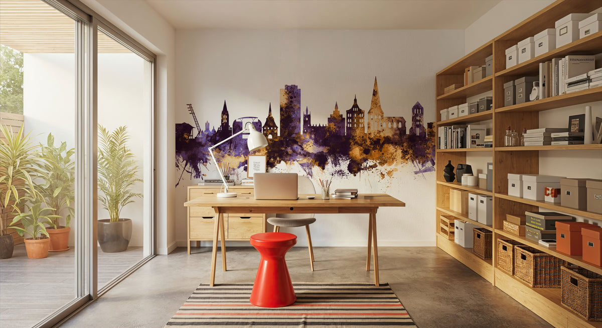 Rostock Germnay Skyline Purple & Gold Mural Wallpaper - room preview 06