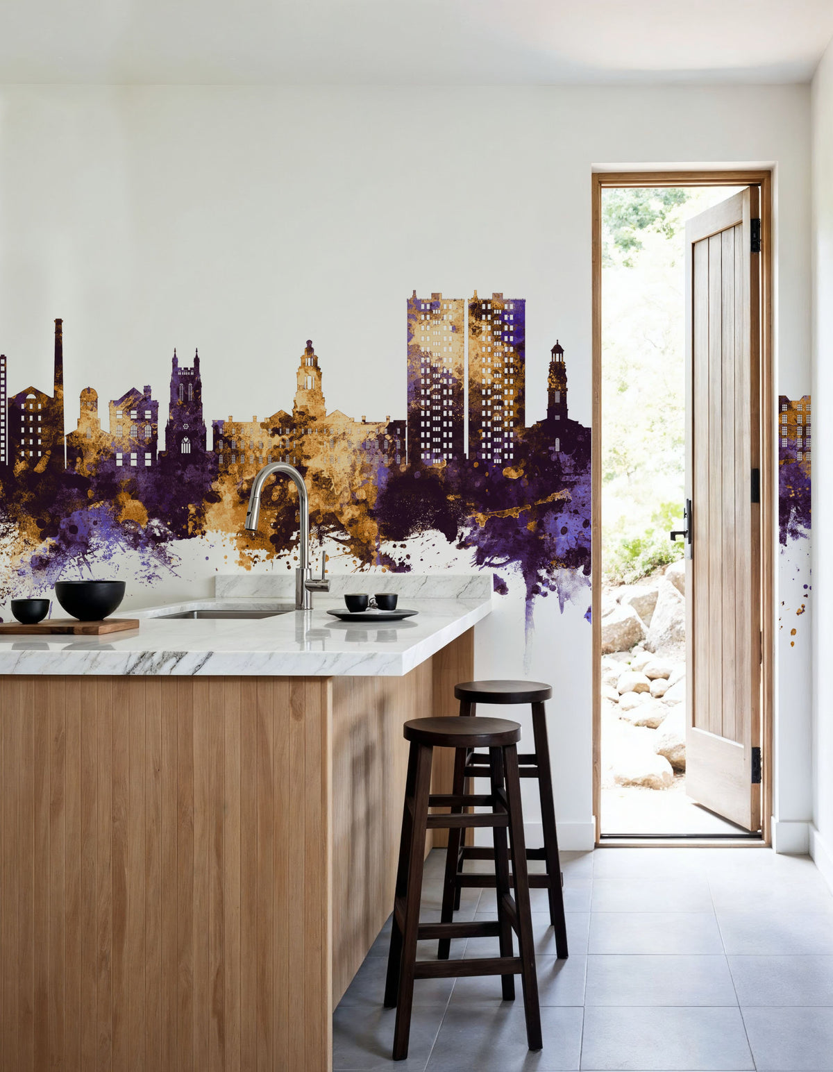 Stockport England Skyline Purple & Gold Mural Wallpaper - room preview 06