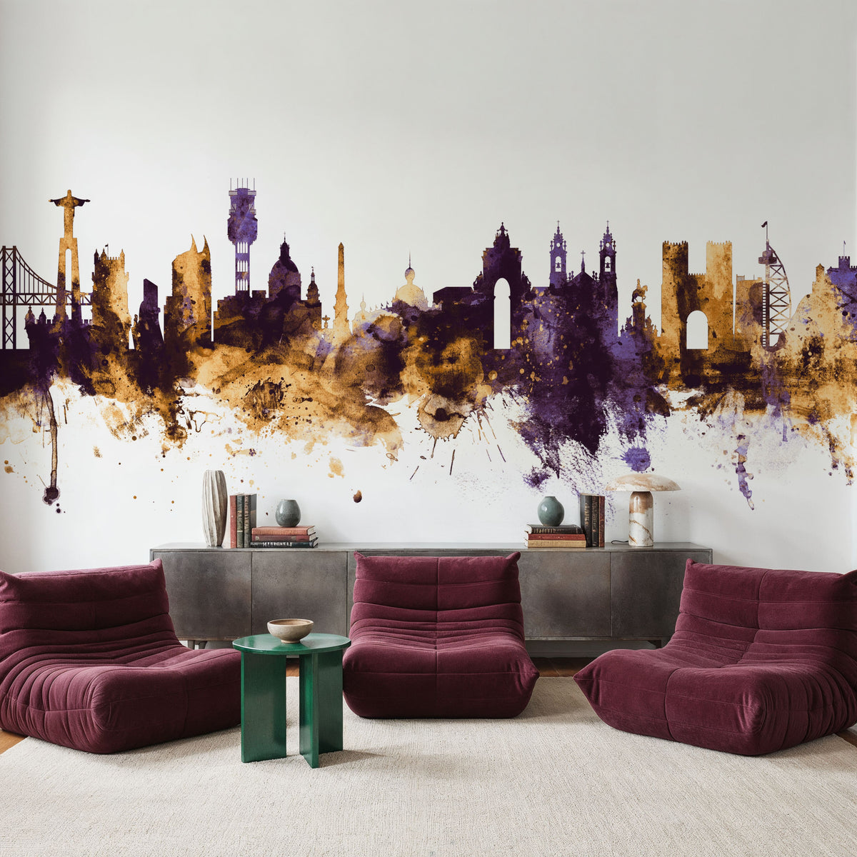 Lisbon Portugal Skyline Purple & Gold Mural Wallpaper - room preview 06