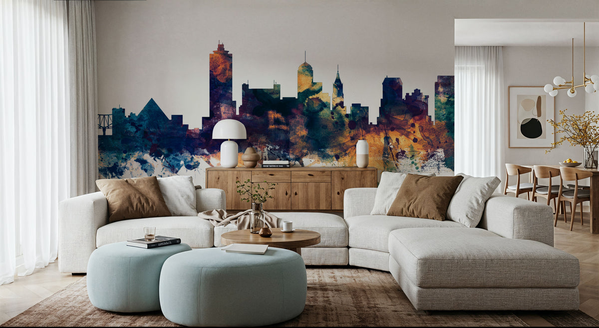 Memphis Tennessee Skyline Blue & Bronze Mural Wallpaper - room preview 06