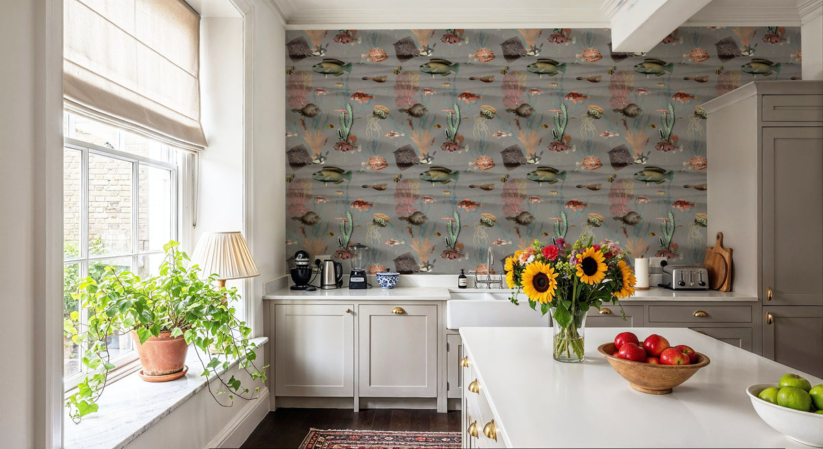 Under the Surface Gray Mural Wallpaper - room preview 06