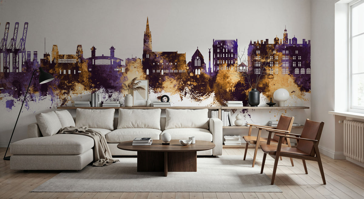 Felixstowe England Skyline Purple & Gold Mural Wallpaper - room preview 06