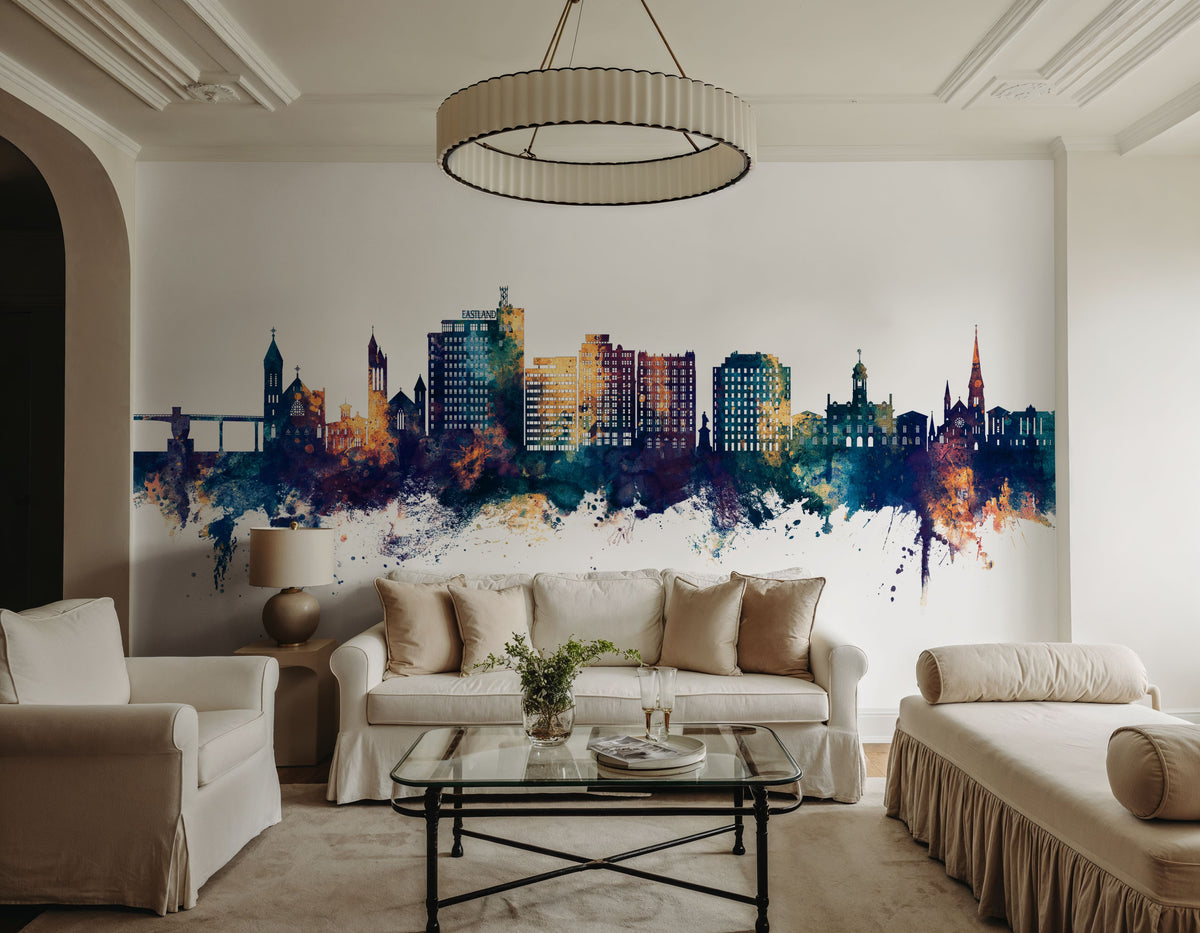 Portland Maine Skyline Blue & Bronze Mural Wallpaper - room preview 06