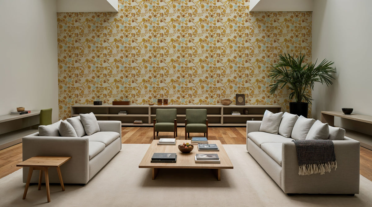Miracle Blossoms and Birds, Yellow Mural Wallpaper - room preview 06