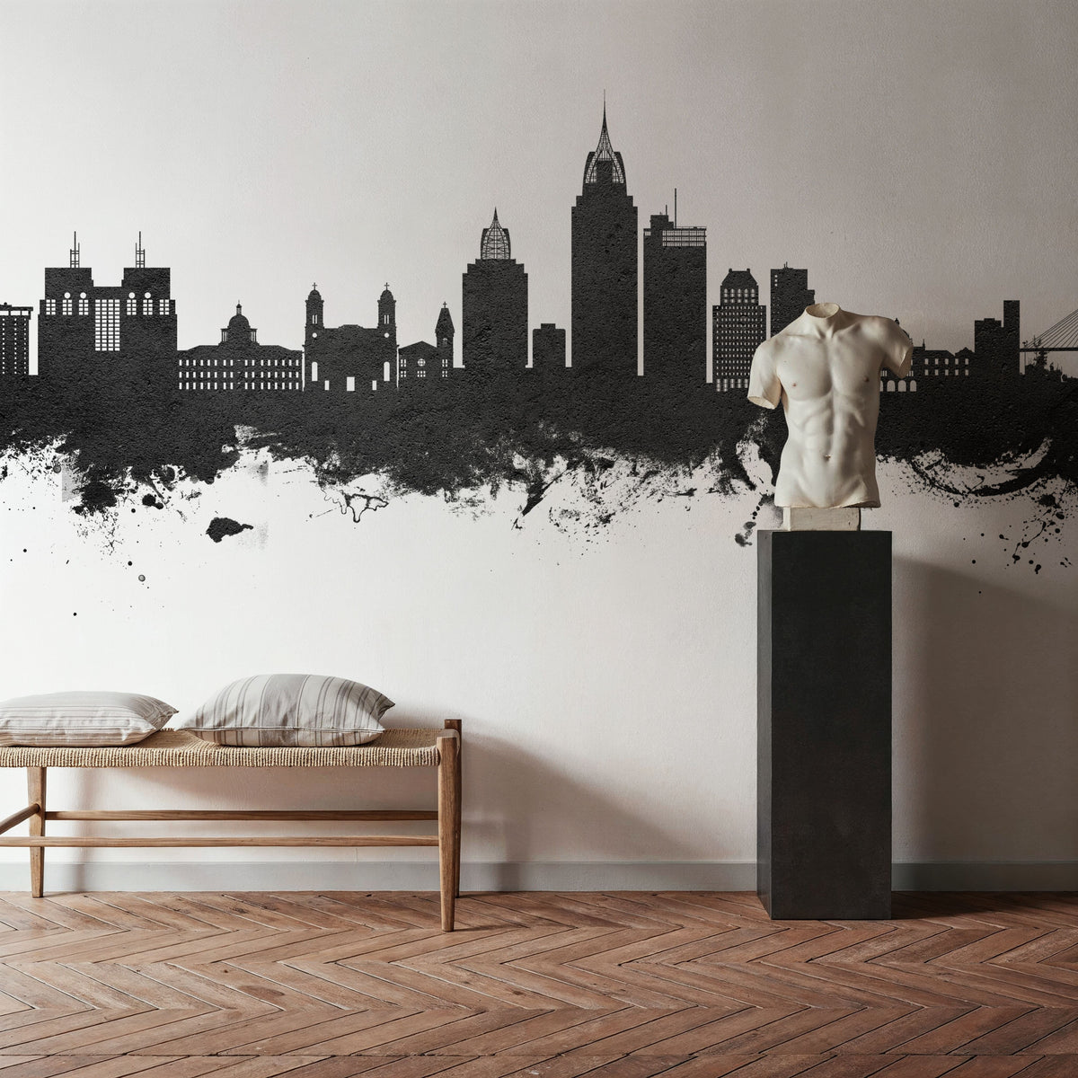 Mobile Alabama Skyline Black & White Mural Wallpaper - room preview 06