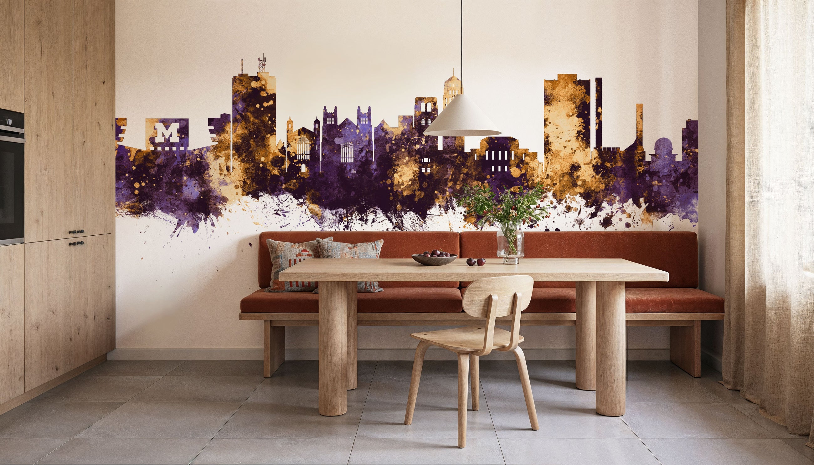 Ann Arbor Michigan Skyline Purple & Gold Mural Wallpaper