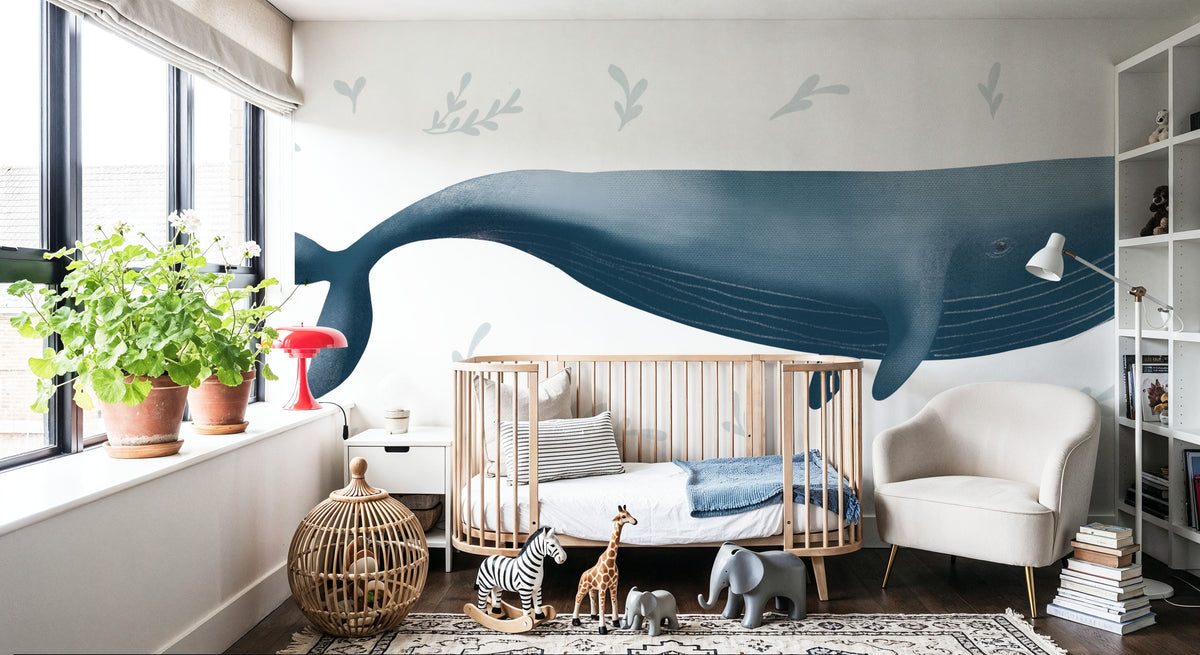 Ocean Life Whale on White Mural Wallpaper - room preview 06
