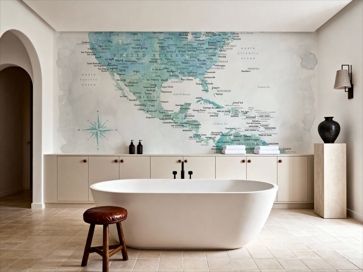 US Mexico Caribbean Map - Aquamar Wash Mural Wallpaper - room preview 06