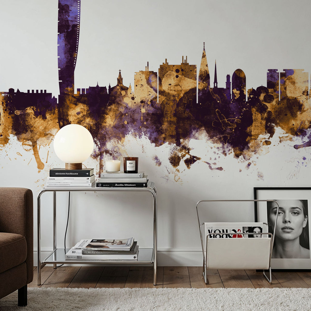 Malmö Sweden Skyline Purple & Gold Mural Wallpaper - room preview 06