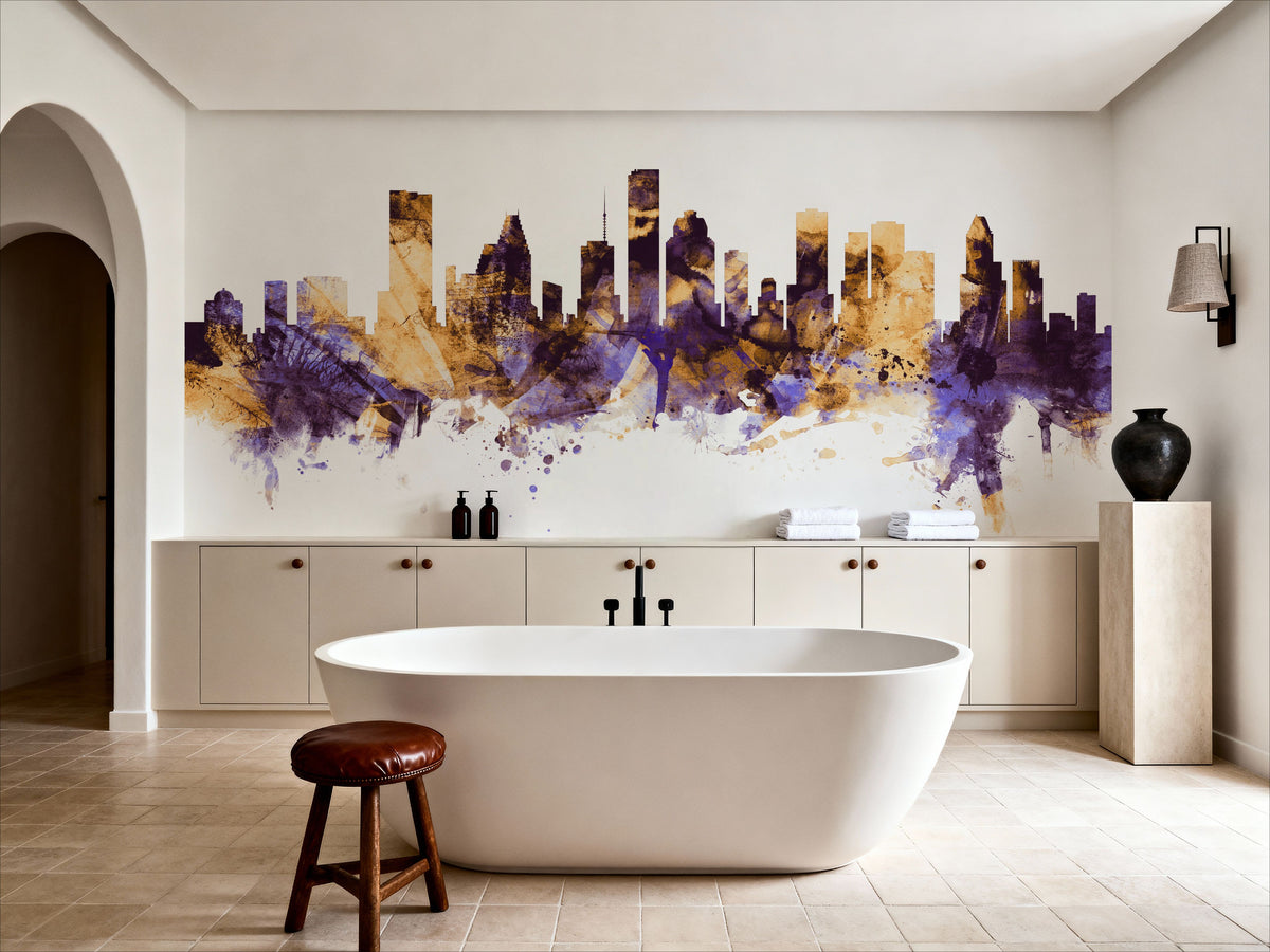Houston Skyline Purple & Gold Mural Wallpaper - room preview 06