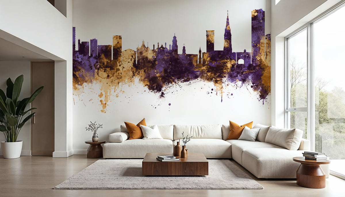 Leicester England Skyline Purple & Gold Mural Wallpaper - room preview 06