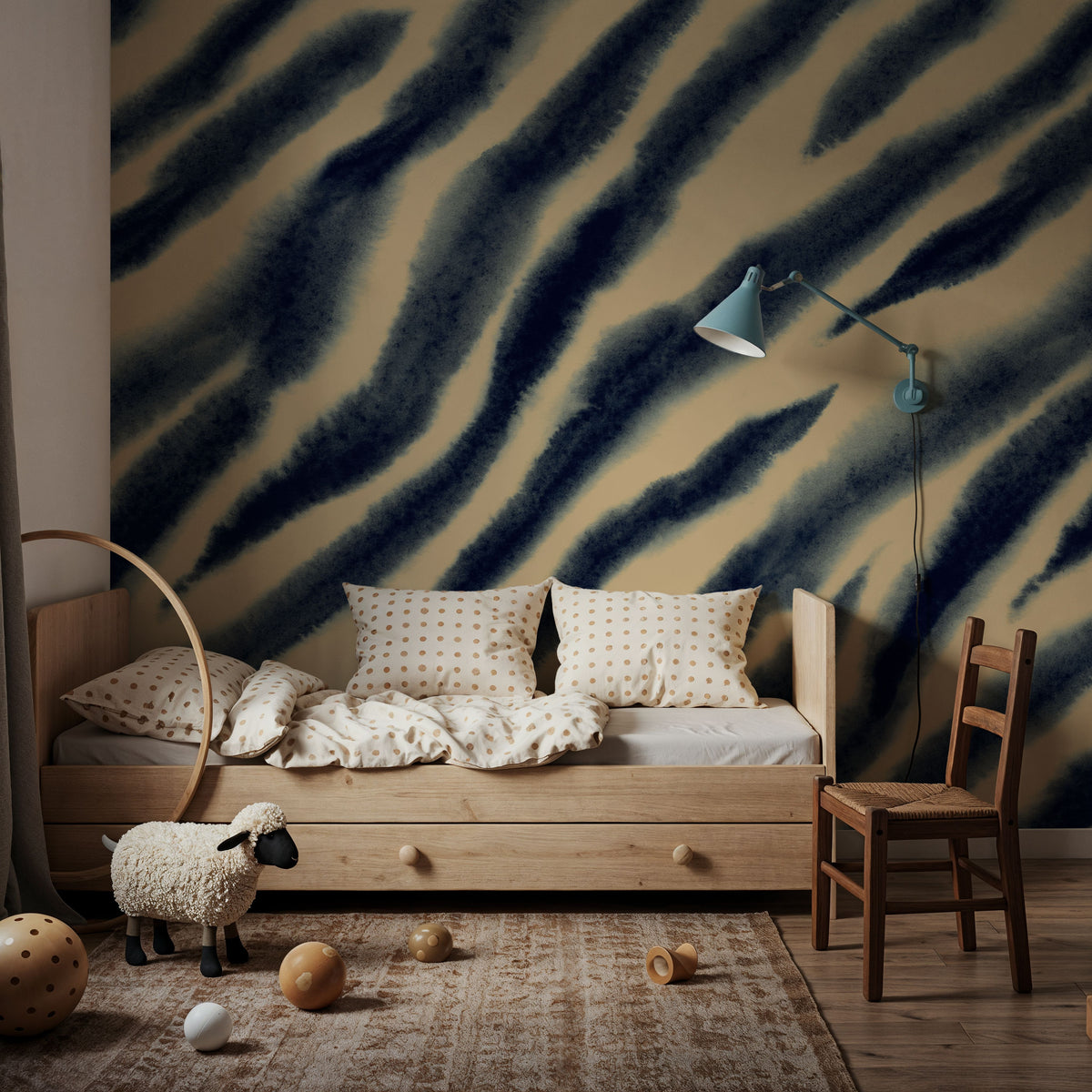 Watercolor Tiger Stripes, Blue on Beige Mural Wallpaper - room preview 06