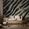 Watercolor Tiger Stripes, Blue on Beige Mural Wallpaper - room preview 06