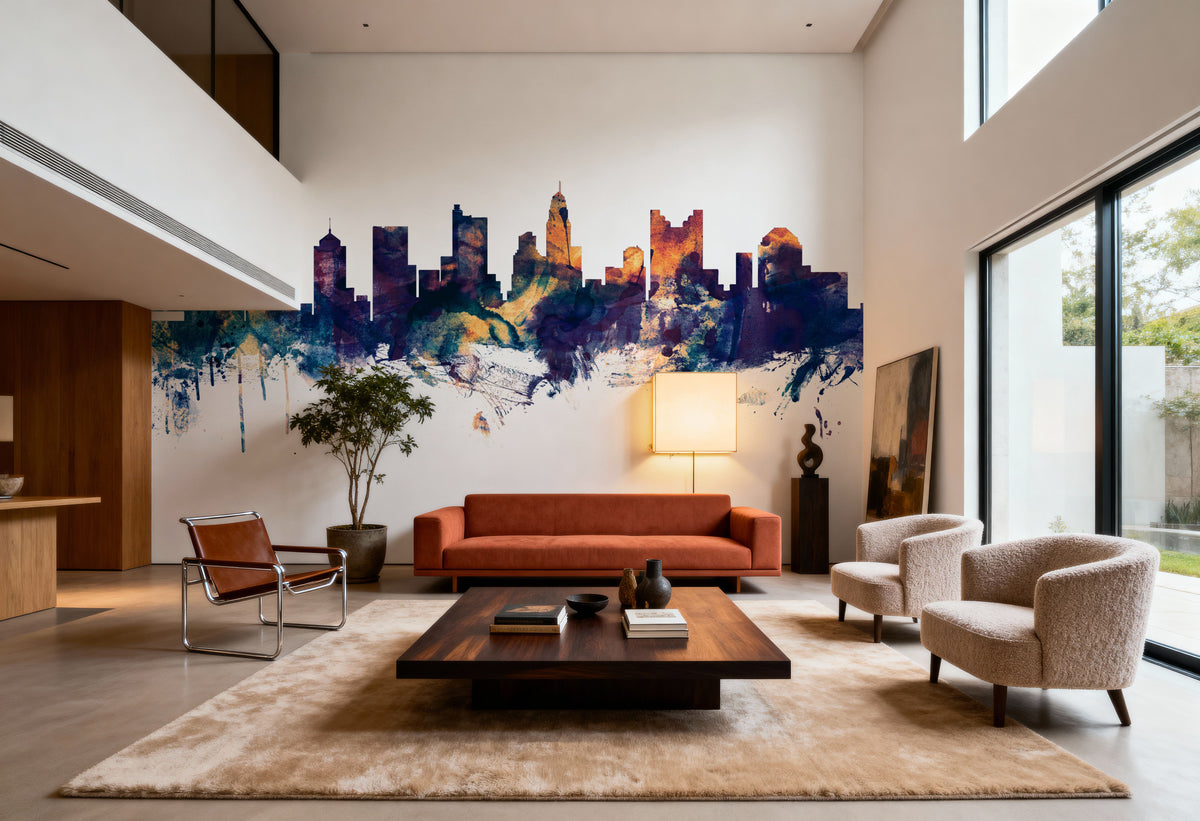 Columbus Ohio Skyline Blue & Bronze Mural Wallpaper - room preview 06