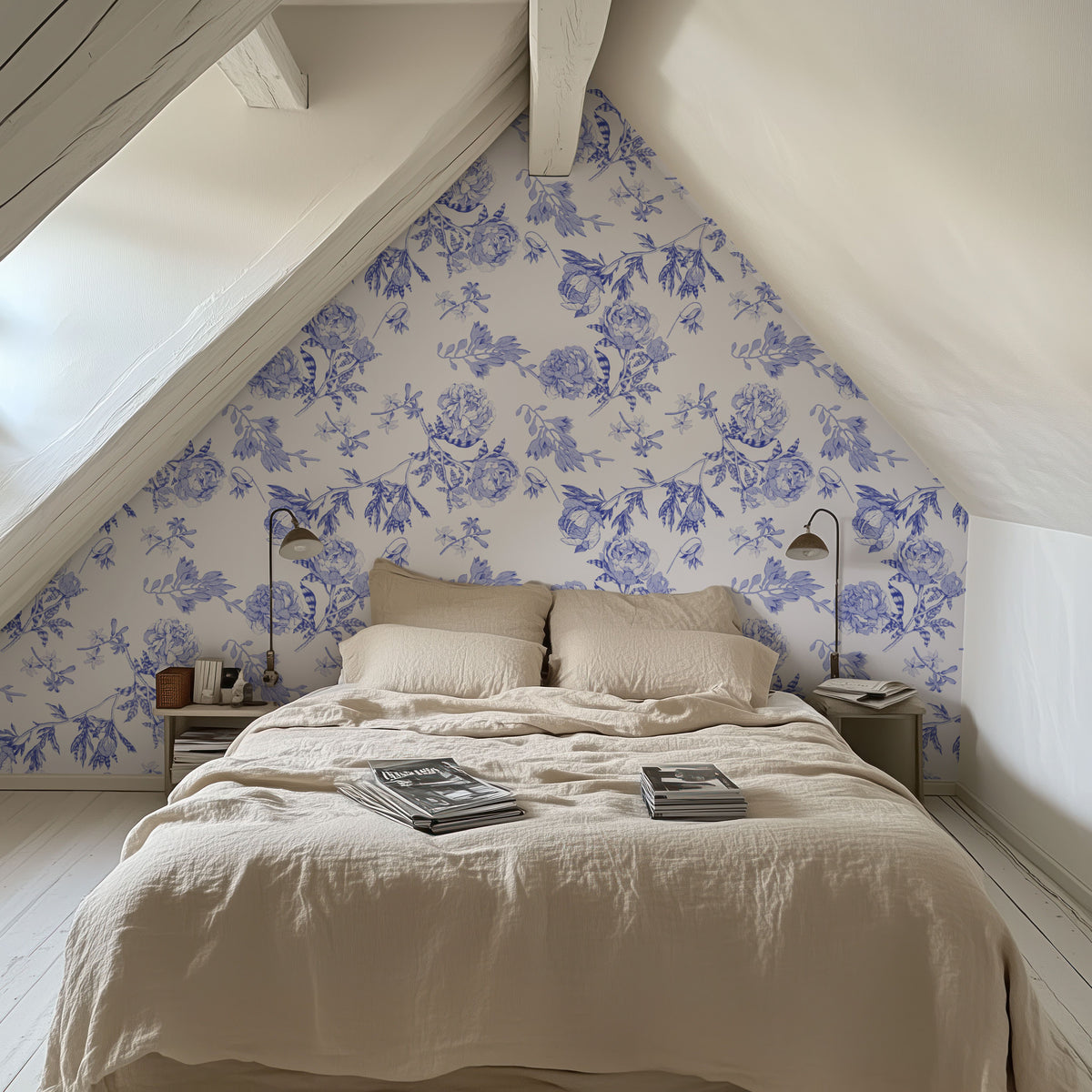 Peony Passion, Blue on White Mural Wallpaper - room preview 06