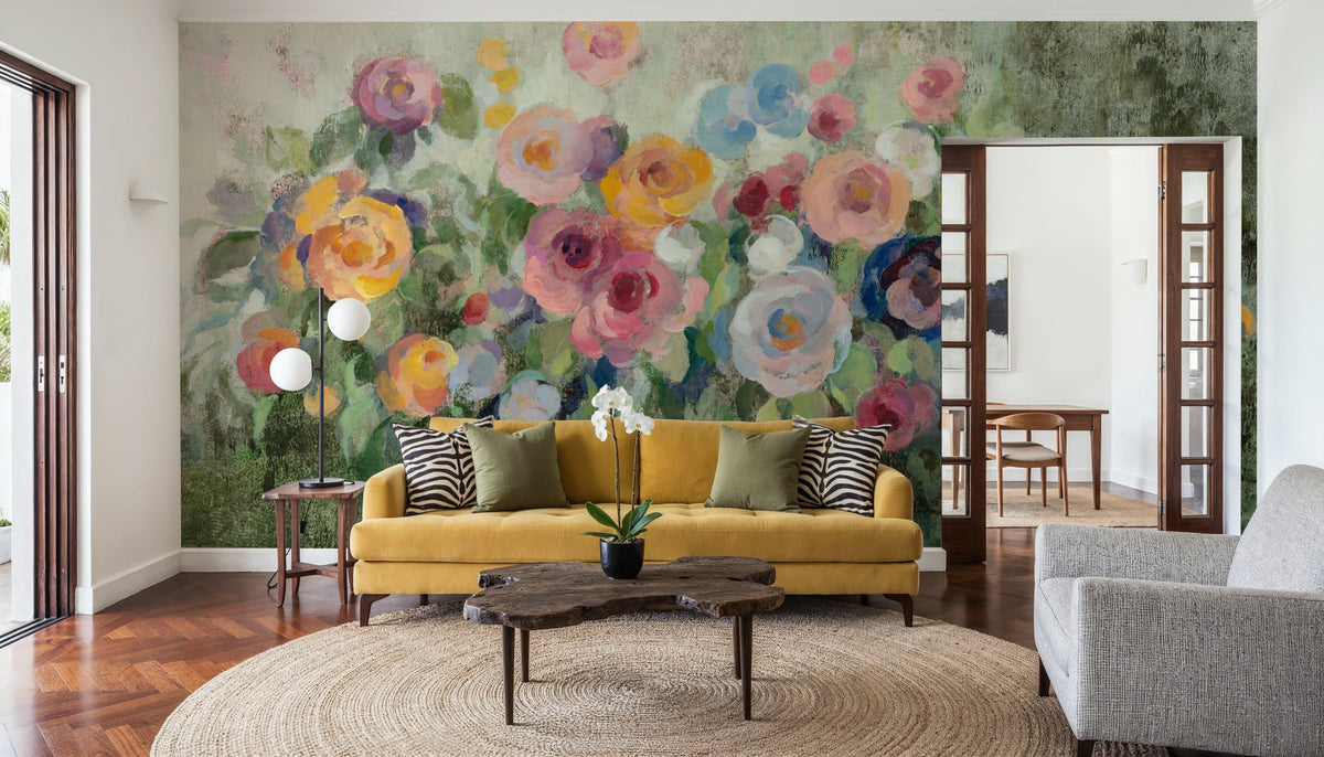 Flowers on Mossy Green Mural Wallpaper - room preview 06