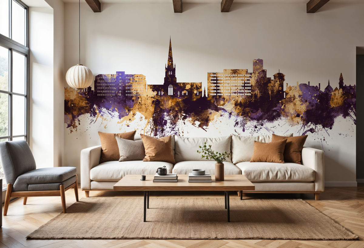 Solihull England Skyline Purple & Gold Mural Wallpaper - room preview 06