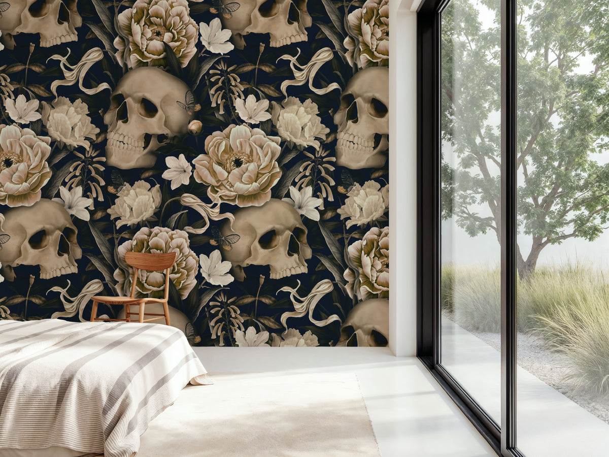Peonies and Skulls Dark Blue Mural Wallpaper - room preview 06