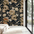 Peonies and Skulls Dark Blue Mural Wallpaper - room preview 06