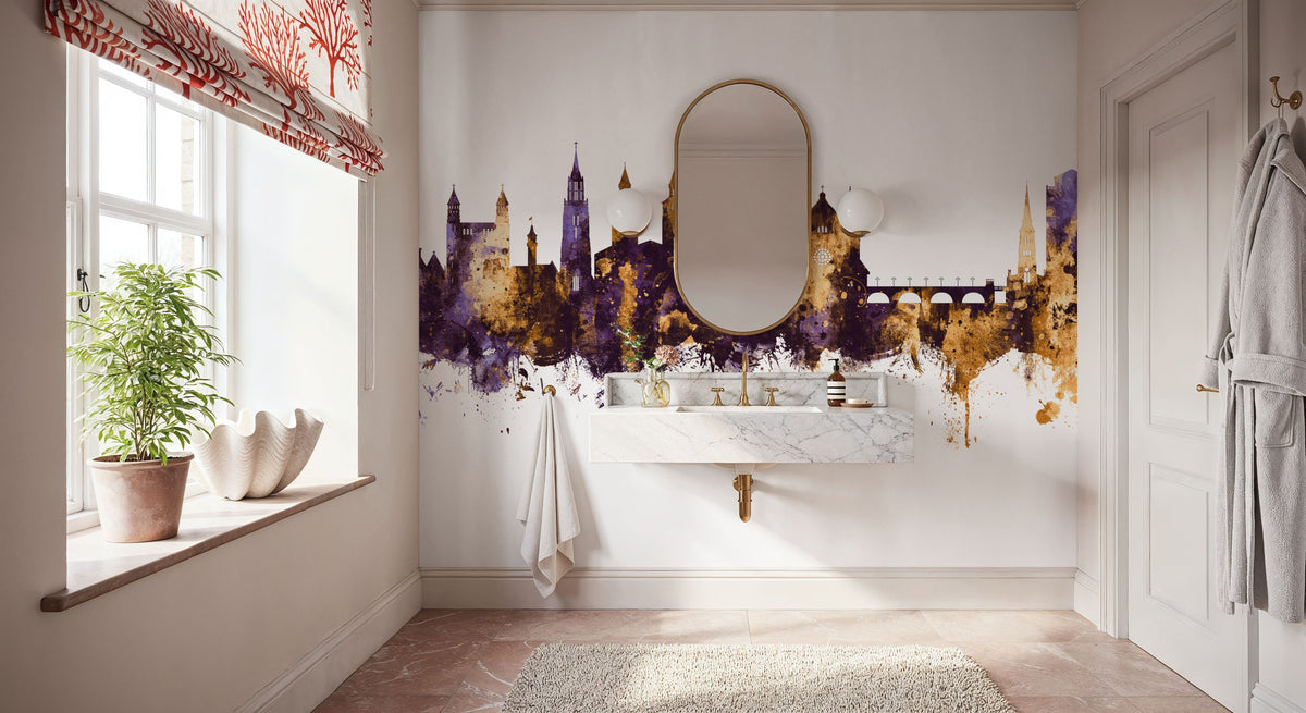 Maastricht the Netherlands Skyline Purple & Gold Mural Wallpaper - room preview 06
