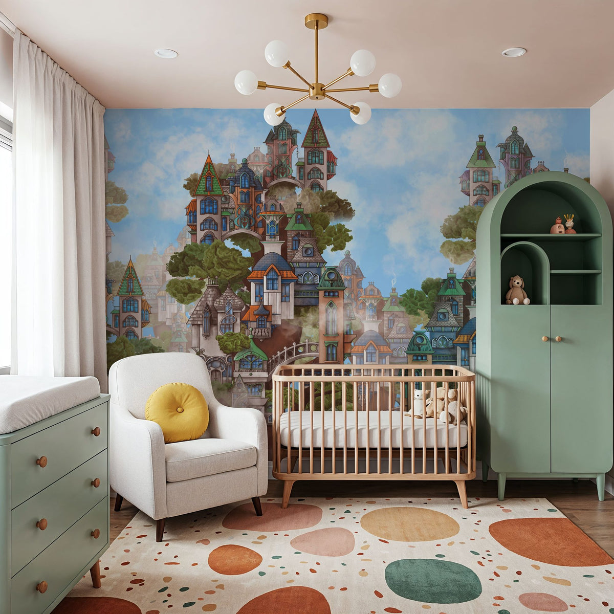 Treehouse Neighborhood Warm Bright Mural Wallpaper - room preview 06