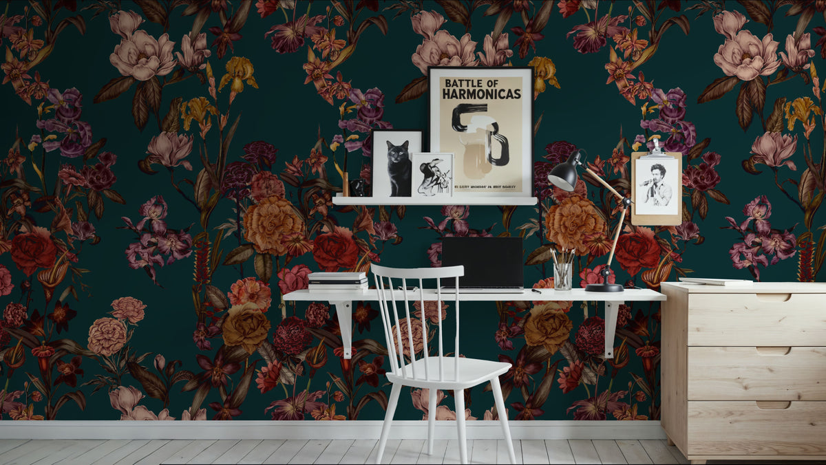 Floral Gaze, Dark Teal Mural Wallpaper - room preview 06