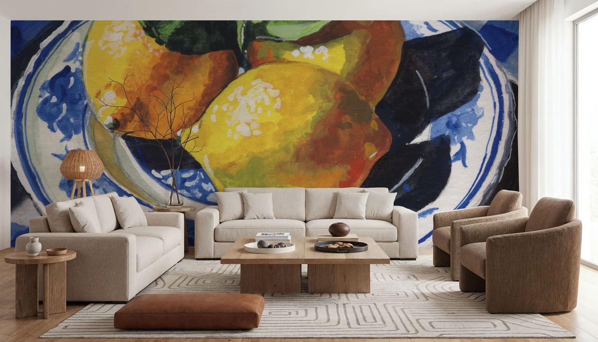 Lemons on a Blue Table Mural Wallpaper - room preview 06